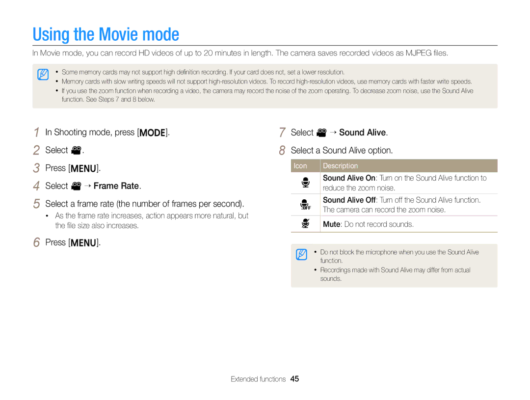 Samsung EC-ST64ZZBDBSA, EC-ST64ZZDPBIR Using the Movie mode, Press m Select v “ Sound Alive Select a Sound Alive option 