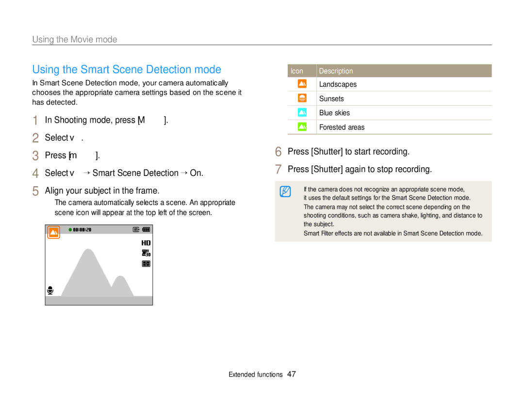 Samsung EC-ST64ZZDPPIR, EC-ST64ZZDPBIR Using the Smart Scene Detection mode, Press Shutter to start recording, Landscapes 