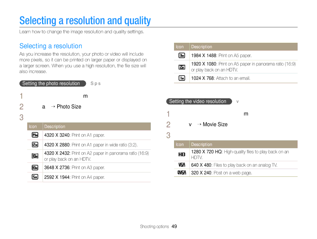 Samsung EC-ST64ZZDPBIR, EC-ST64ZZBDBSA manual Selecting a resolution and quality, Setting the photo resolution S p s 