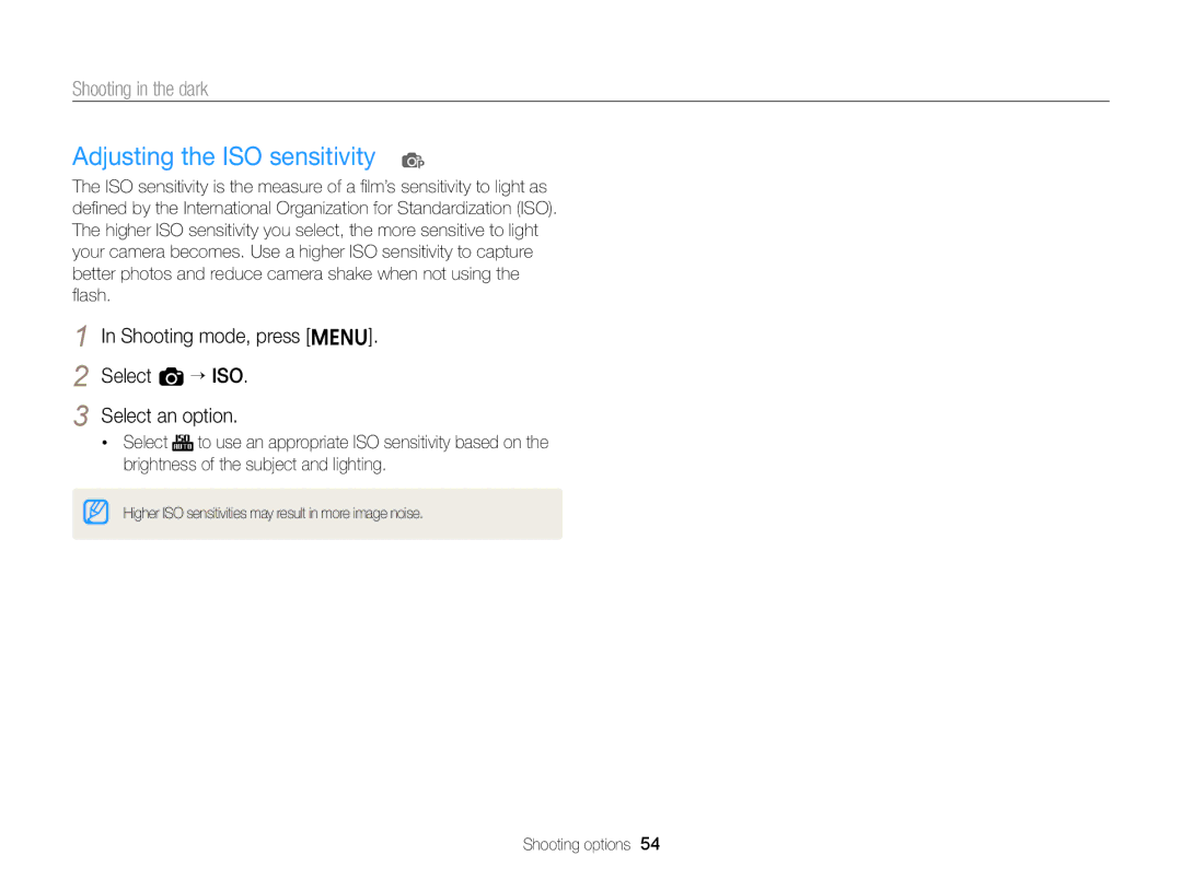 Samsung EC-ST64ZZDPBIR manual Adjusting the ISO sensitivity p, Shooting mode, press m Select a “ ISO Select an option 