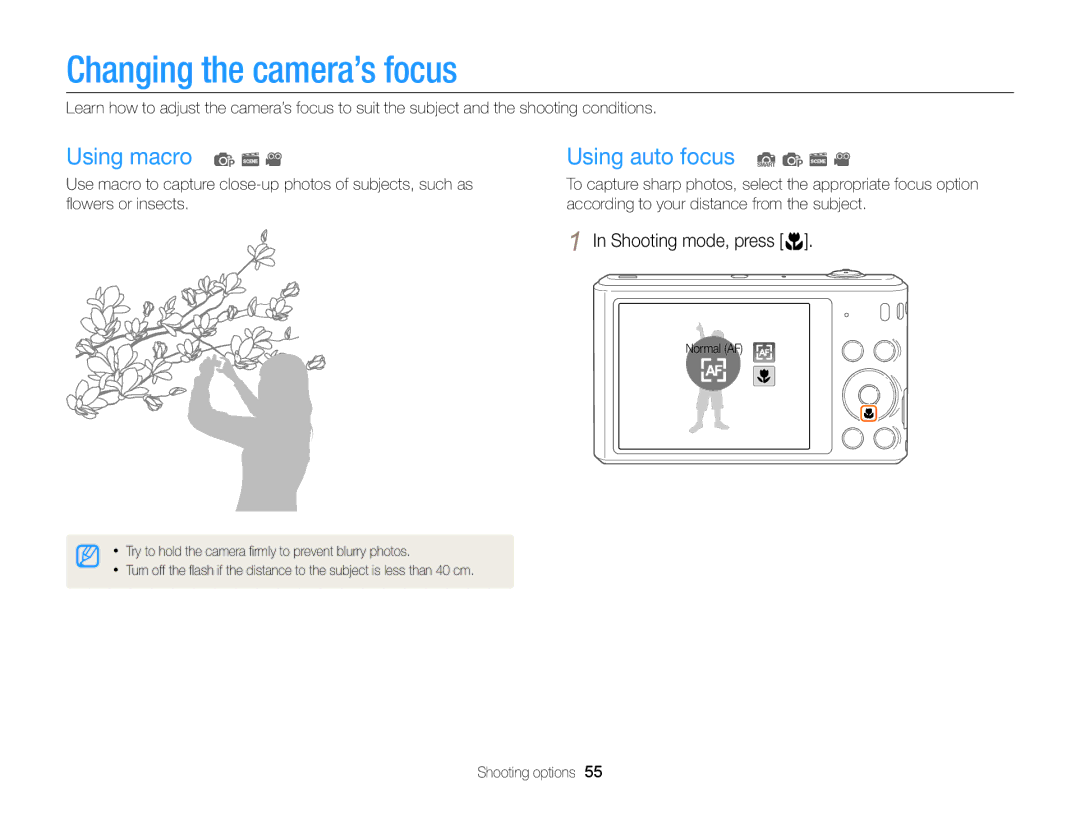 Samsung EC-ST64ZZBDBSA manual Changing the camera’s focus, Using macro p s Using auto focus S p s, Shooting mode, press c 