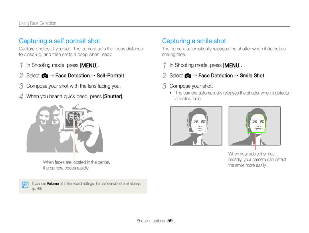 Samsung EC-ST64ZZDPBIR, EC-ST64ZZBDBSA manual Capturing a self portrait shot, Capturing a smile shot, Using Face Detection 