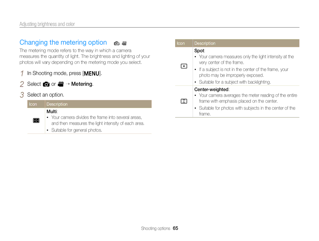 Samsung EC-ST64ZZBDBSA, EC-ST64ZZDPBIR, EC-ST64ZZDPSIR manual Changing the metering option p, Select a or v “ Metering 