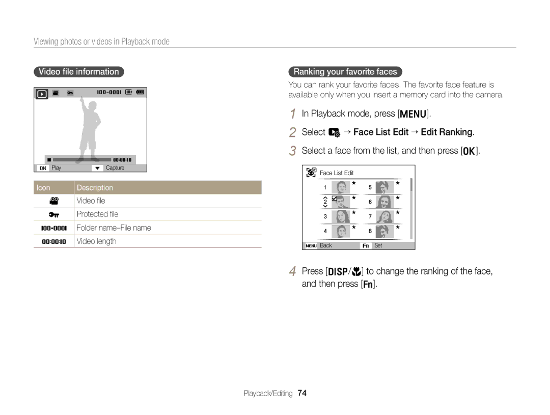 Samsung EC-ST64ZZDPBIR manual Viewing photos or videos in Playback mode, Playback mode, press m, Video ﬁle information 