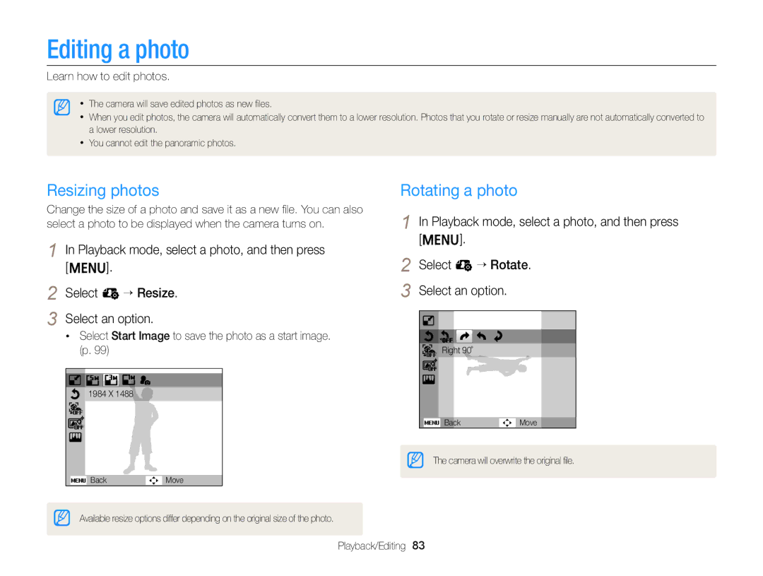 Samsung EC-ST64ZZBDSSA, EC-ST64ZZDPBIR manual Editing a photo, Resizing photos, Rotating a photo, Learn how to edit photos 