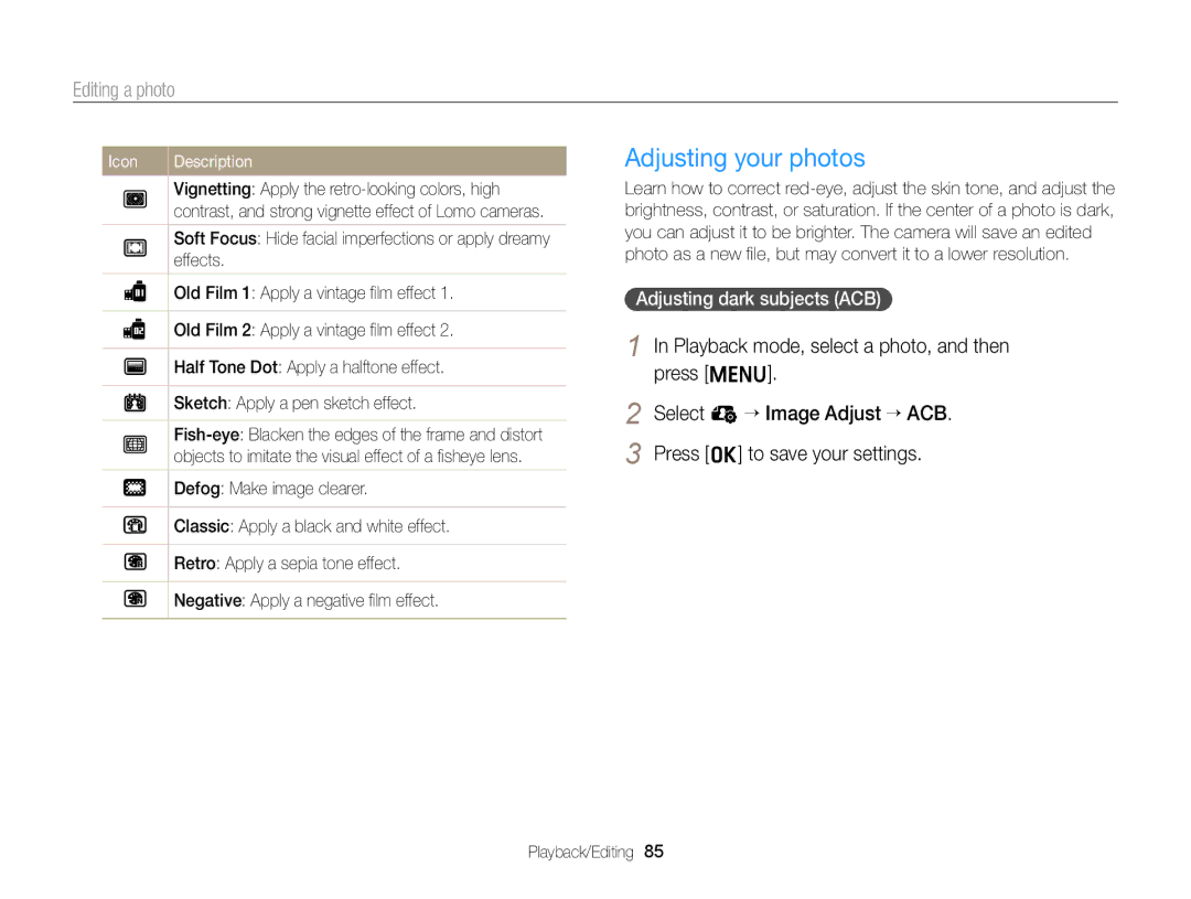 Samsung EC-ST64ZZBDBSA, EC-ST64ZZDPBIR, EC-ST64ZZDPSIR, EC-ST64ZZDPPIR Adjusting your photos, Adjusting dark subjects ACB 