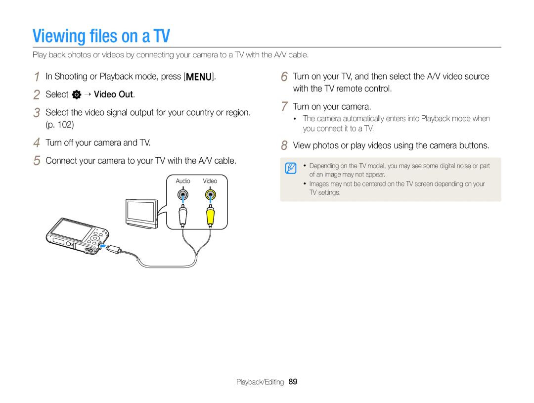 Samsung EC-ST64ZZDPBIR, EC-ST64ZZBDBSA manual Viewing ﬁles on a TV, View photos or play videos using the camera buttons 