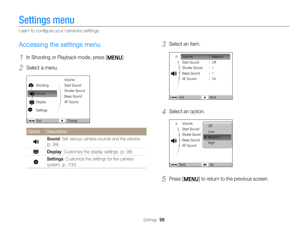 Samsung EC-ST64ZZBDSSA manual Settings menu, Accessing the settings menu, Shooting or Playback mode, press m Select a menu 