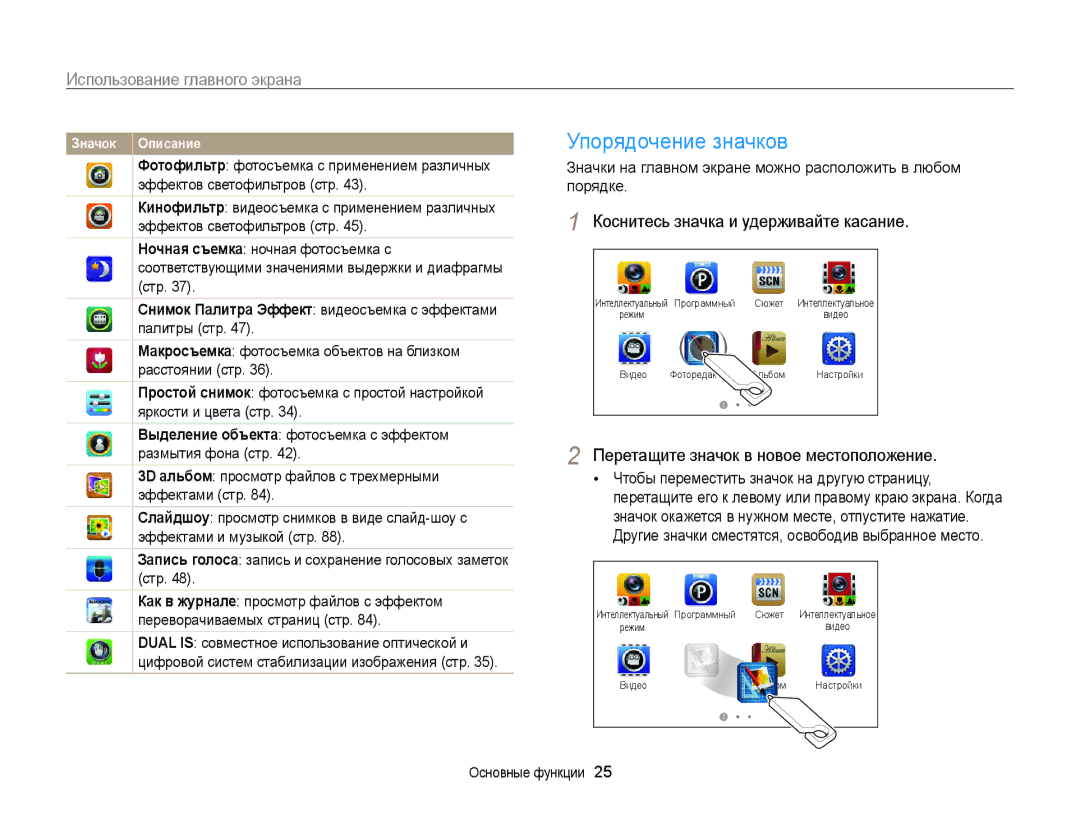 Samsung EC-ST65ZZBPRRU manual Упорядочение значков, Использование главного экрана, Коснитесь значка и удерживайте касание 