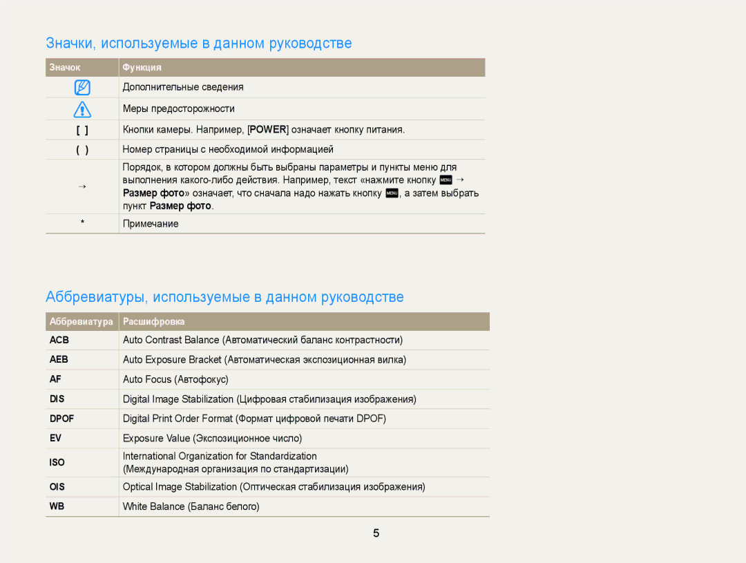 Samsung EC-ST65ZZBPRRU manual Значки, используемые в данном руководстве, Аббревиатуры, используемые в данном руководстве 