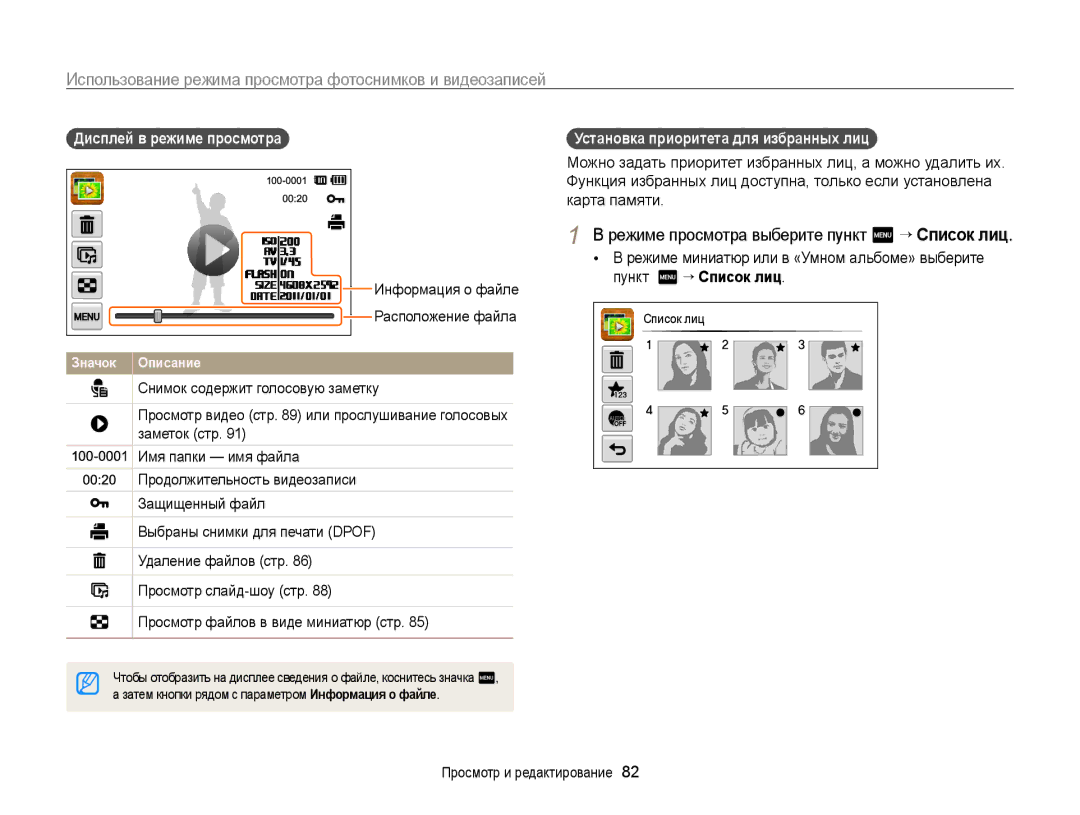 Samsung EC-ST65ZZBPSRU, EC-ST6500BPBRU manual Режиме просмотра выберите пункт m “ Список лиц, Дисплей в режиме просмотра 