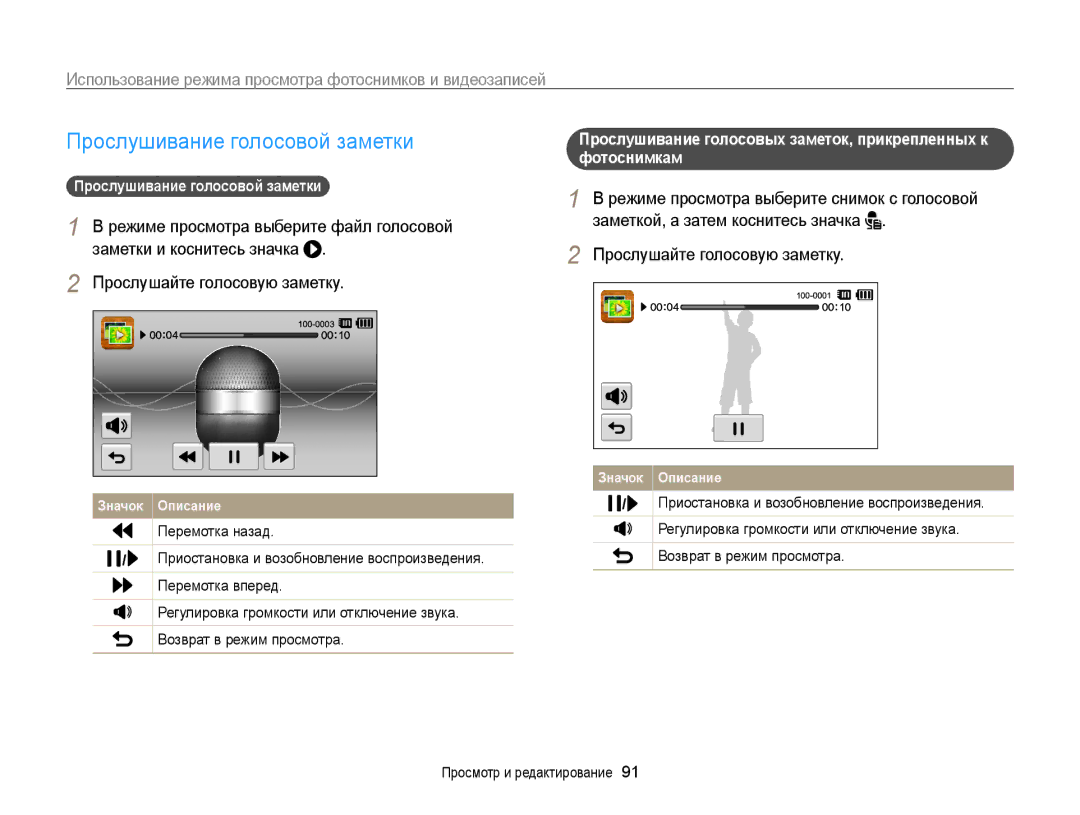 Samsung EC-ST6500BPBRU, EC-ST65ZZBPURU manual Прослушивание голосовой заметки, Приостановка и возобновление воспроизведения 