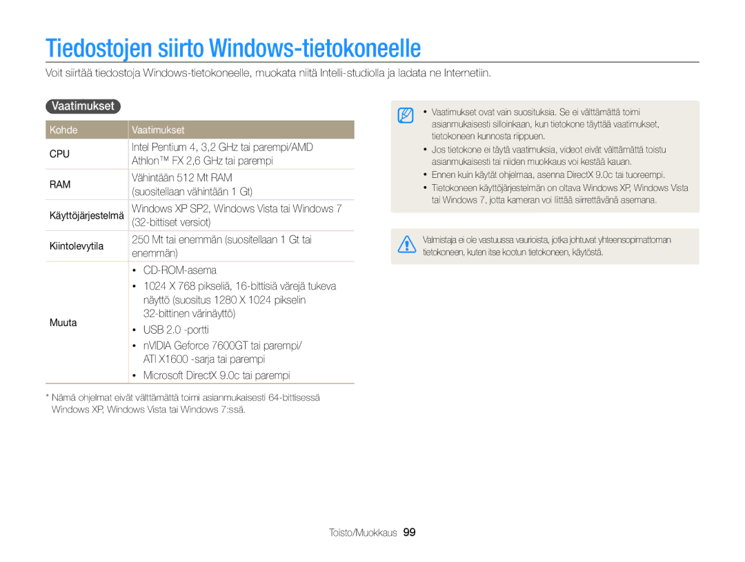 Samsung EC-ST65ZZBPRE2, EC-ST65ZZBPSE2, EC-ST65ZZBPUE2 manual Tiedostojen siirto Windows-tietokoneelle, Kohde Vaatimukset 