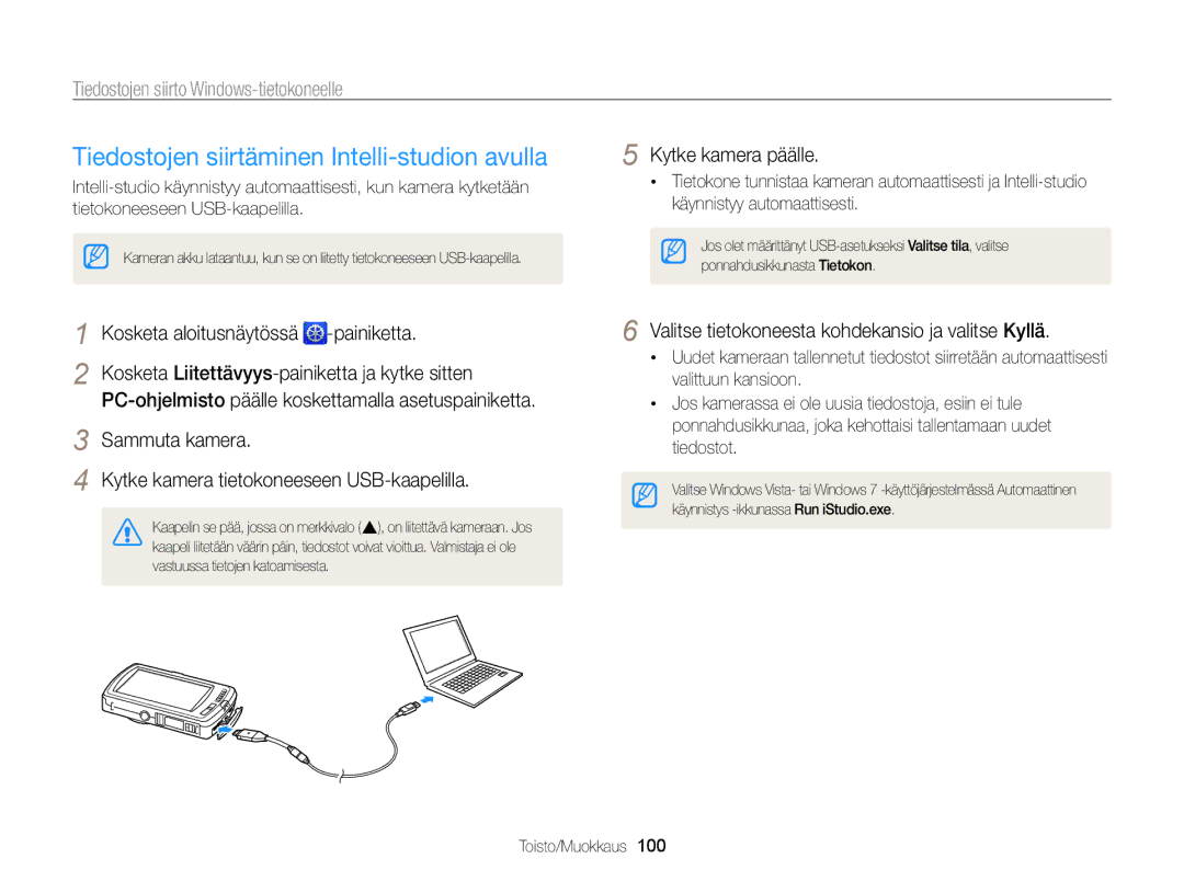 Samsung EC-ST65ZZBPSE2 manual Tiedostojen siirtäminen Intelli-studion avulla, Tiedostojen siirto Windows-tietokoneelle 