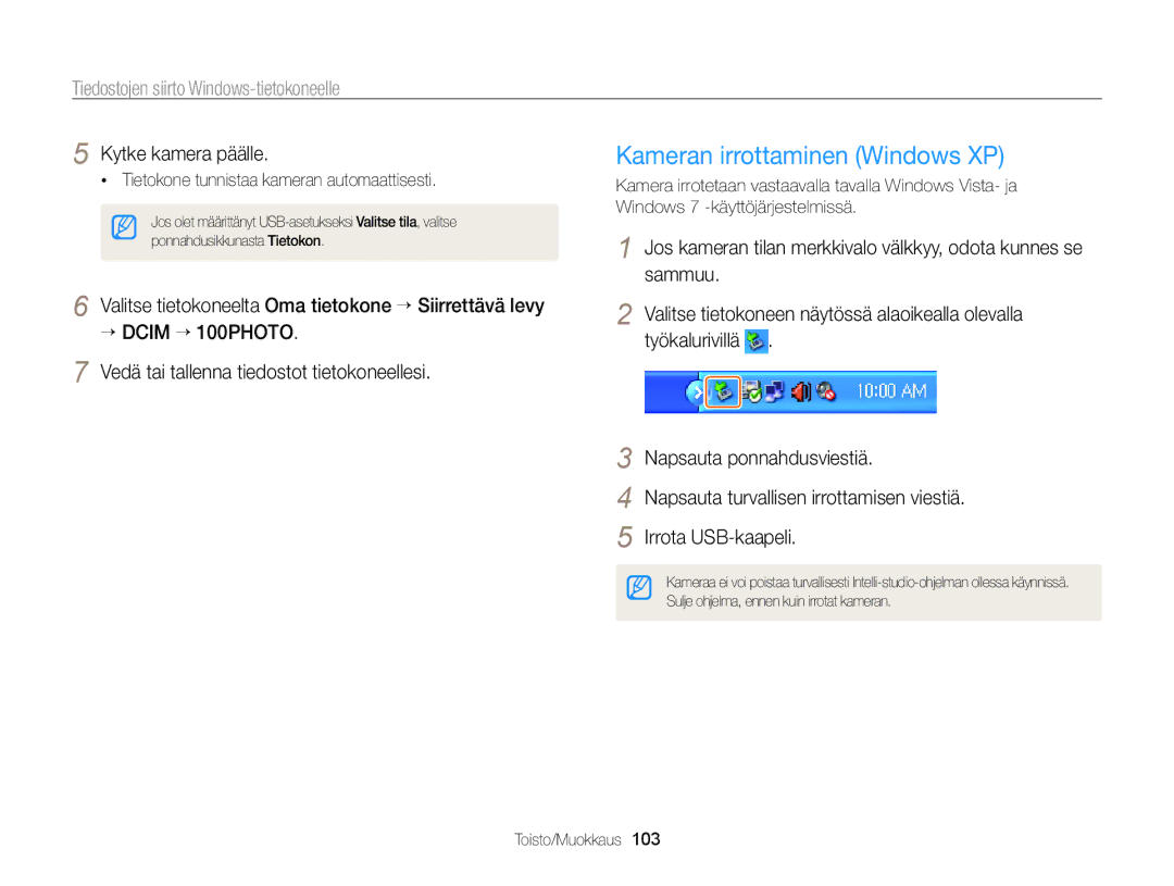 Samsung EC-ST65ZZBPRE2, EC-ST65ZZBPSE2, EC-ST65ZZBPUE2, EC-ST65ZZBPEE2 manual Kameran irrottaminen Windows XP 