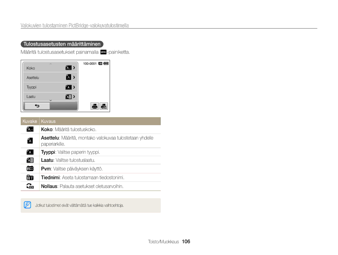 Samsung EC-ST65ZZBPEE2 manual Valokuvien tulostaminen PictBridge-valokuvatulostimella, Tulostusasetusten määrittäminen 