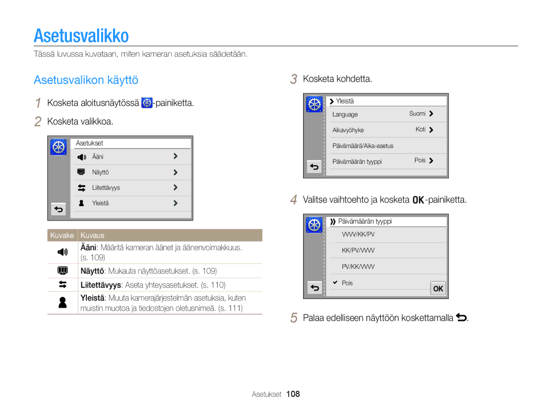 Samsung EC-ST65ZZBPSE2 manual Asetusvalikko, Asetusvalikon käyttö, Kosketa aloitusnäytössä -painiketta Kosketa valikkoa 