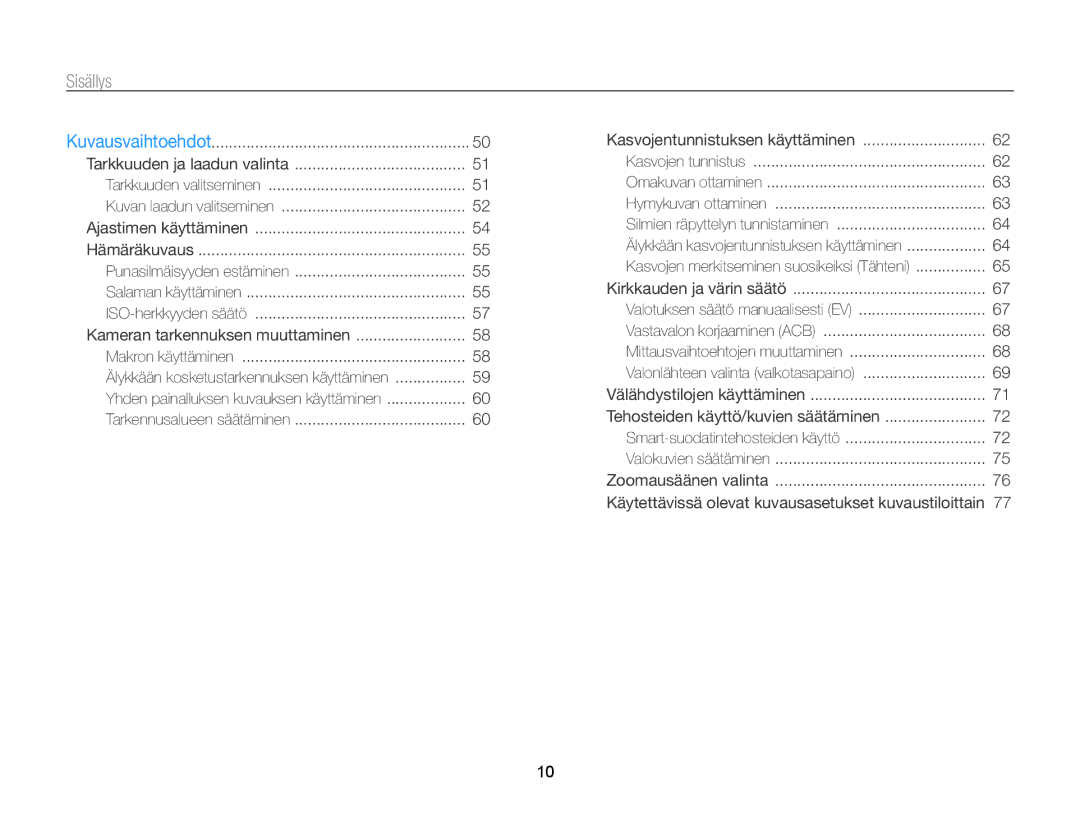 Samsung EC-ST65ZZBPEE2, EC-ST65ZZBPRE2, EC-ST65ZZBPSE2, EC-ST65ZZBPUE2 manual Sisällys 