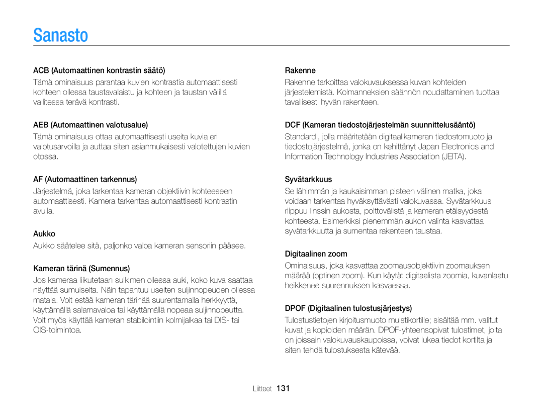 Samsung EC-ST65ZZBPRE2, EC-ST65ZZBPSE2, EC-ST65ZZBPUE2, EC-ST65ZZBPEE2 manual Sanasto, Syvätarkkuus 