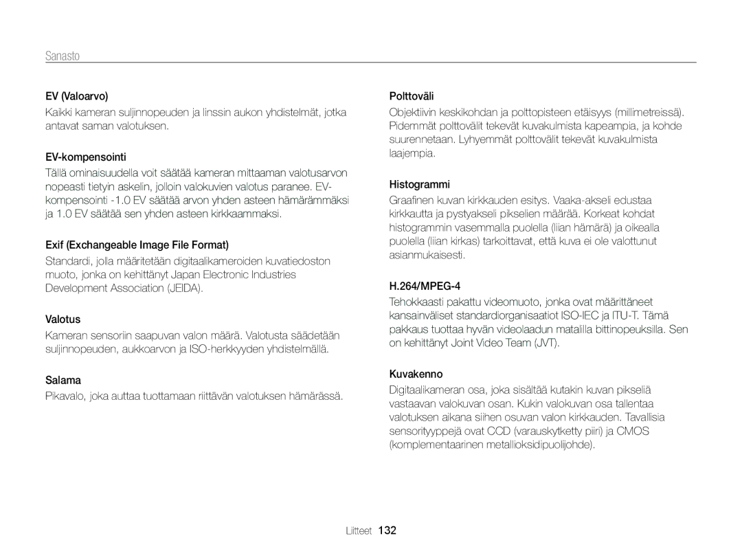 Samsung EC-ST65ZZBPSE2, EC-ST65ZZBPRE2, EC-ST65ZZBPUE2, EC-ST65ZZBPEE2 manual Sanasto 