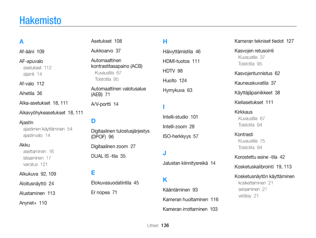 Samsung EC-ST65ZZBPSE2, EC-ST65ZZBPRE2, EC-ST65ZZBPUE2, EC-ST65ZZBPEE2 manual Hakemisto 