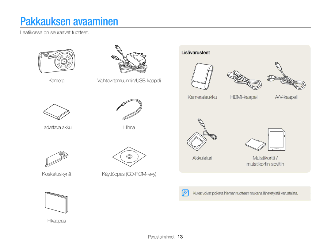 Samsung EC-ST65ZZBPUE2, EC-ST65ZZBPRE2 manual Pakkauksen avaaminen, Akkulaturi, Kosketuskynä, Pikaopas Perustoiminnot 