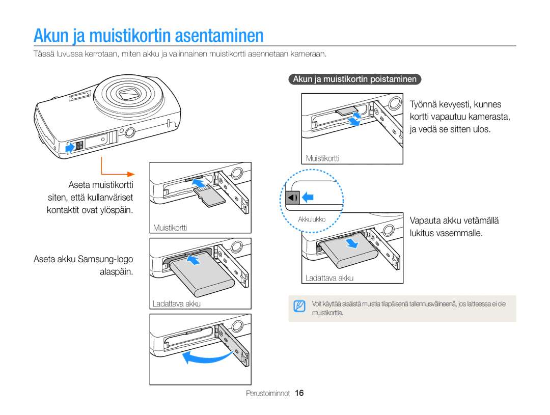 Samsung EC-ST65ZZBPSE2 manual Akun ja muistikortin asentaminen, Lukitus vasemmalle, Akun ja muistikortin poistaminen 