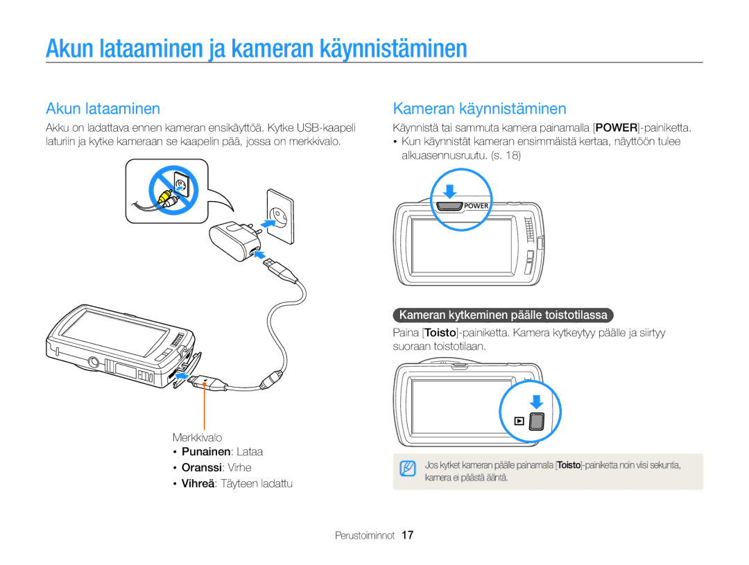 Samsung EC-ST65ZZBPUE2, EC-ST65ZZBPRE2, EC-ST65ZZBPSE2 Akun lataaminen ja kameran käynnistäminen, Kameran käynnistäminen 