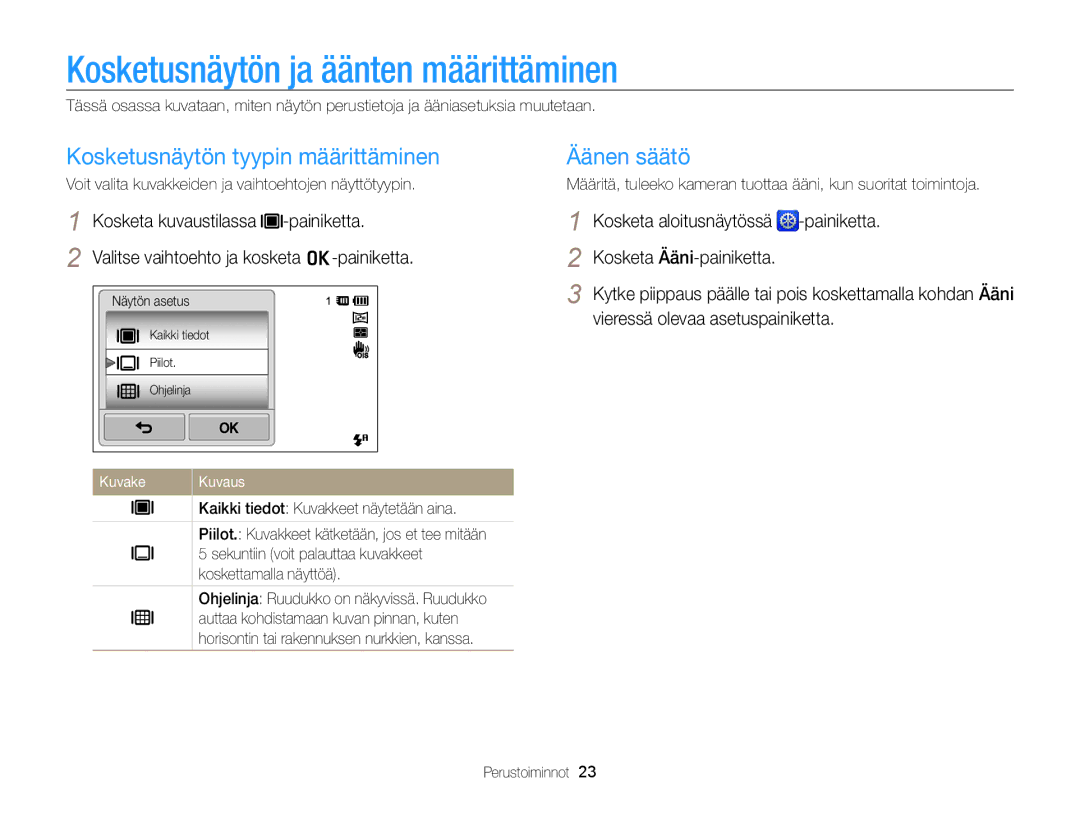 Samsung EC-ST65ZZBPRE2 manual Kosketusnäytön ja äänten määrittäminen, Kosketusnäytön tyypin määrittäminen, Äänen säätö 