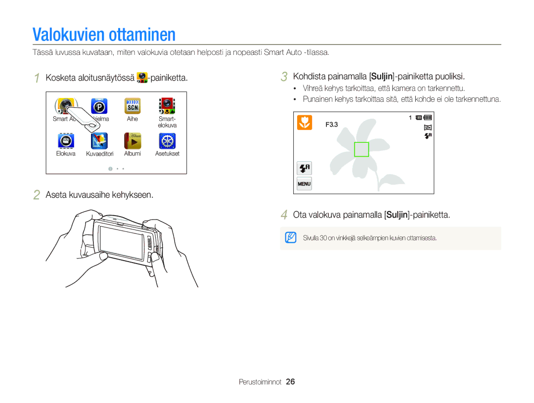 Samsung EC-ST65ZZBPEE2, EC-ST65ZZBPRE2, EC-ST65ZZBPSE2, EC-ST65ZZBPUE2 manual Valokuvien ottaminen, Kosketa aloitusnäytössä 