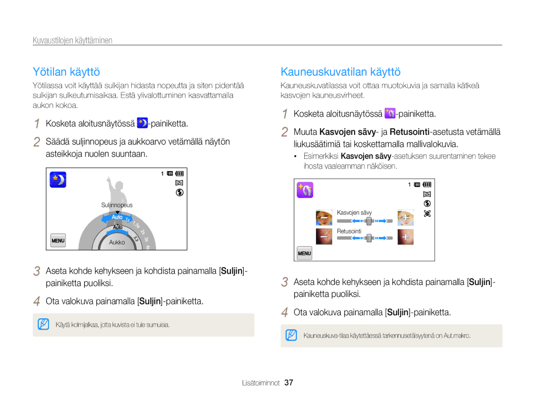 Samsung EC-ST65ZZBPUE2 manual Yötilan käyttö, Kauneuskuvatilan käyttö, Liukusäätimiä tai koskettamalla mallivalokuvia 