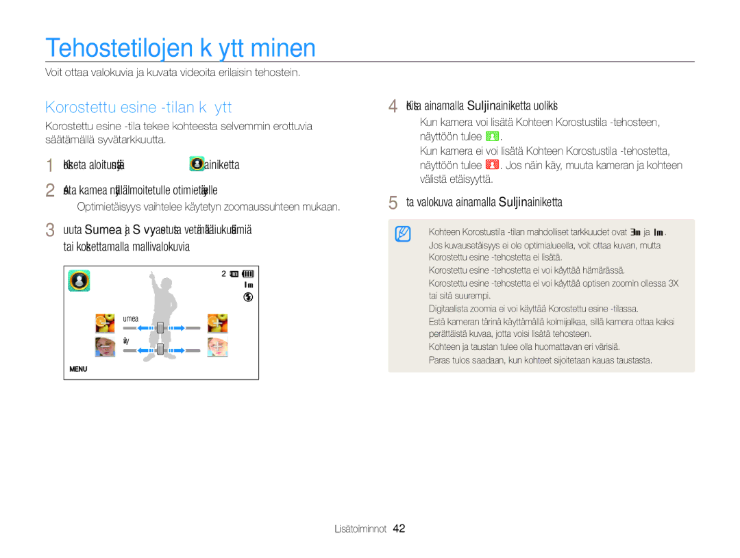 Samsung EC-ST65ZZBPEE2, EC-ST65ZZBPRE2, EC-ST65ZZBPSE2 manual Tehostetilojen käyttäminen, Korostettu esine -tilan käyttö 