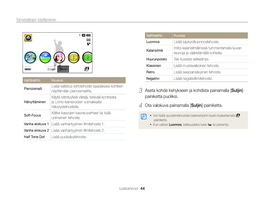 Samsung EC-ST65ZZBPSE2, EC-ST65ZZBPRE2, EC-ST65ZZBPUE2, EC-ST65ZZBPEE2 manual Painiketta puoliksi 