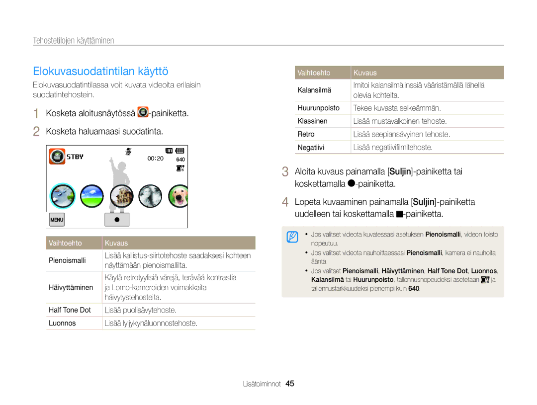 Samsung EC-ST65ZZBPUE2, EC-ST65ZZBPRE2, EC-ST65ZZBPSE2 manual Elokuvasuodatintilan käyttö, Pienoismalli, Olevia kohteita 