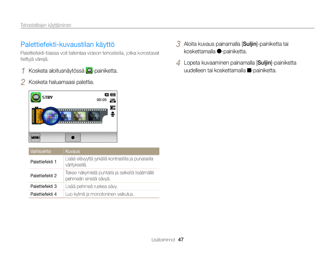 Samsung EC-ST65ZZBPRE2, EC-ST65ZZBPSE2 manual Palettiefekti-kuvaustilan käyttö, Värityksellä, Pehmeän sinistä sävyä 