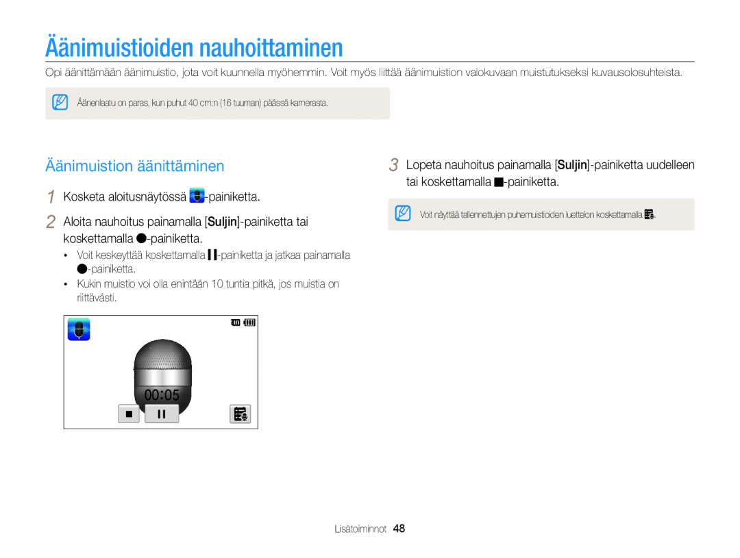 Samsung EC-ST65ZZBPSE2, EC-ST65ZZBPRE2, EC-ST65ZZBPUE2 manual Äänimuistioiden nauhoittaminen, Äänimuistion äänittäminen 