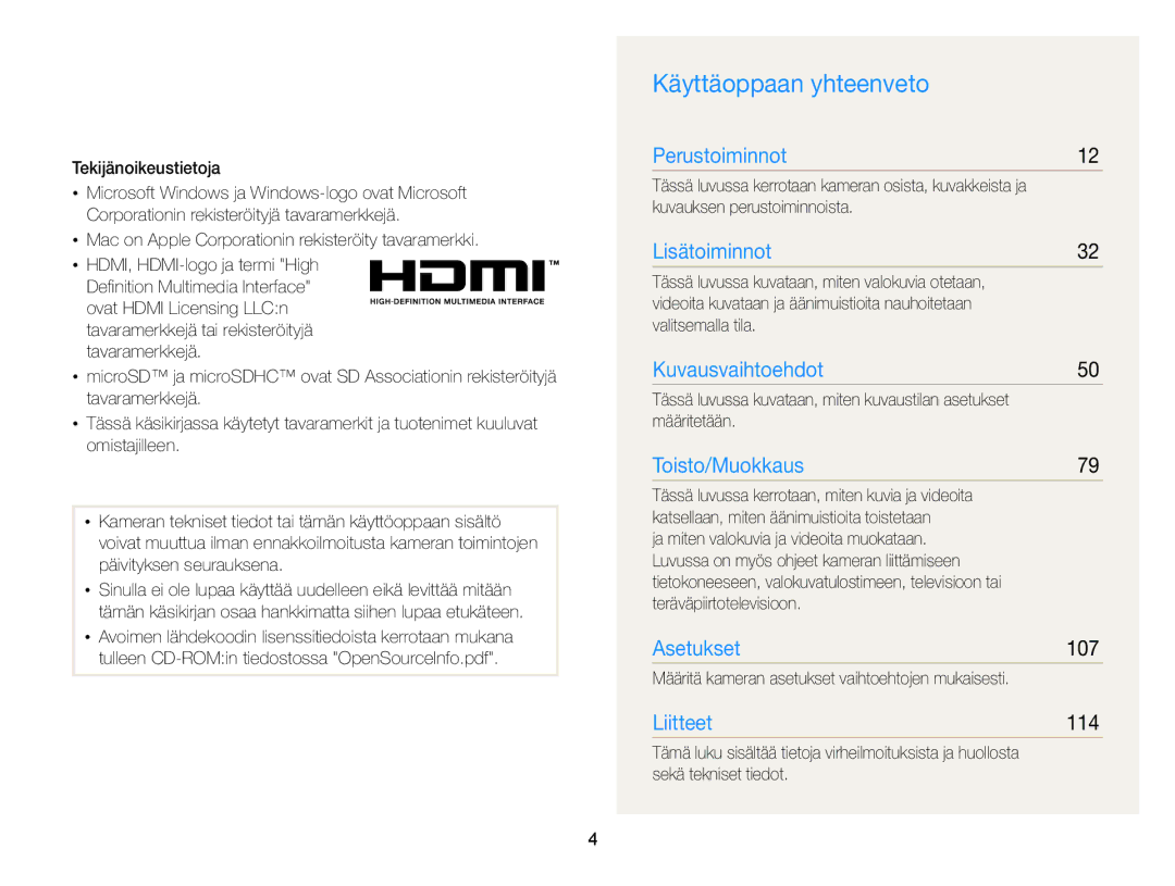 Samsung EC-ST65ZZBPSE2, EC-ST65ZZBPRE2, EC-ST65ZZBPUE2, EC-ST65ZZBPEE2 manual Käyttäoppaan yhteenveto, 107, 114 