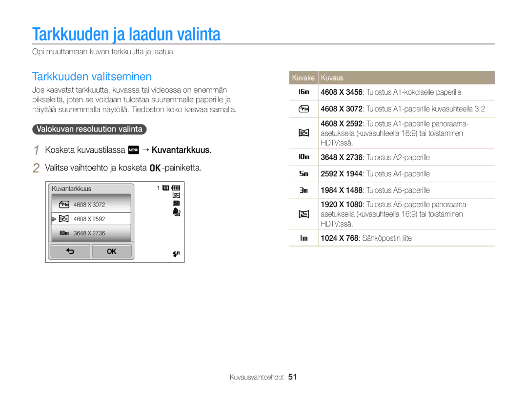 Samsung EC-ST65ZZBPRE2 manual Tarkkuuden ja laadun valinta, Tarkkuuden valitseminen, Valokuvan resoluution valinta 