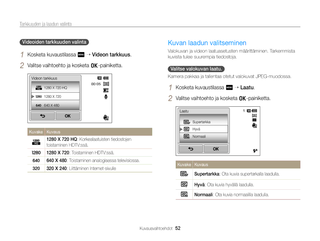 Samsung EC-ST65ZZBPSE2 manual Kuvan laadun valitseminen, Tarkkuuden ja laadun valinta, Videoiden tarkkuuden valinta 