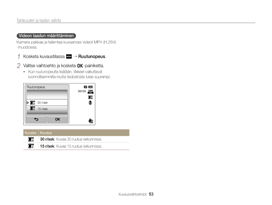 Samsung EC-ST65ZZBPUE2, EC-ST65ZZBPRE2, EC-ST65ZZBPSE2, EC-ST65ZZBPEE2 manual Videon laadun määrittäminen 