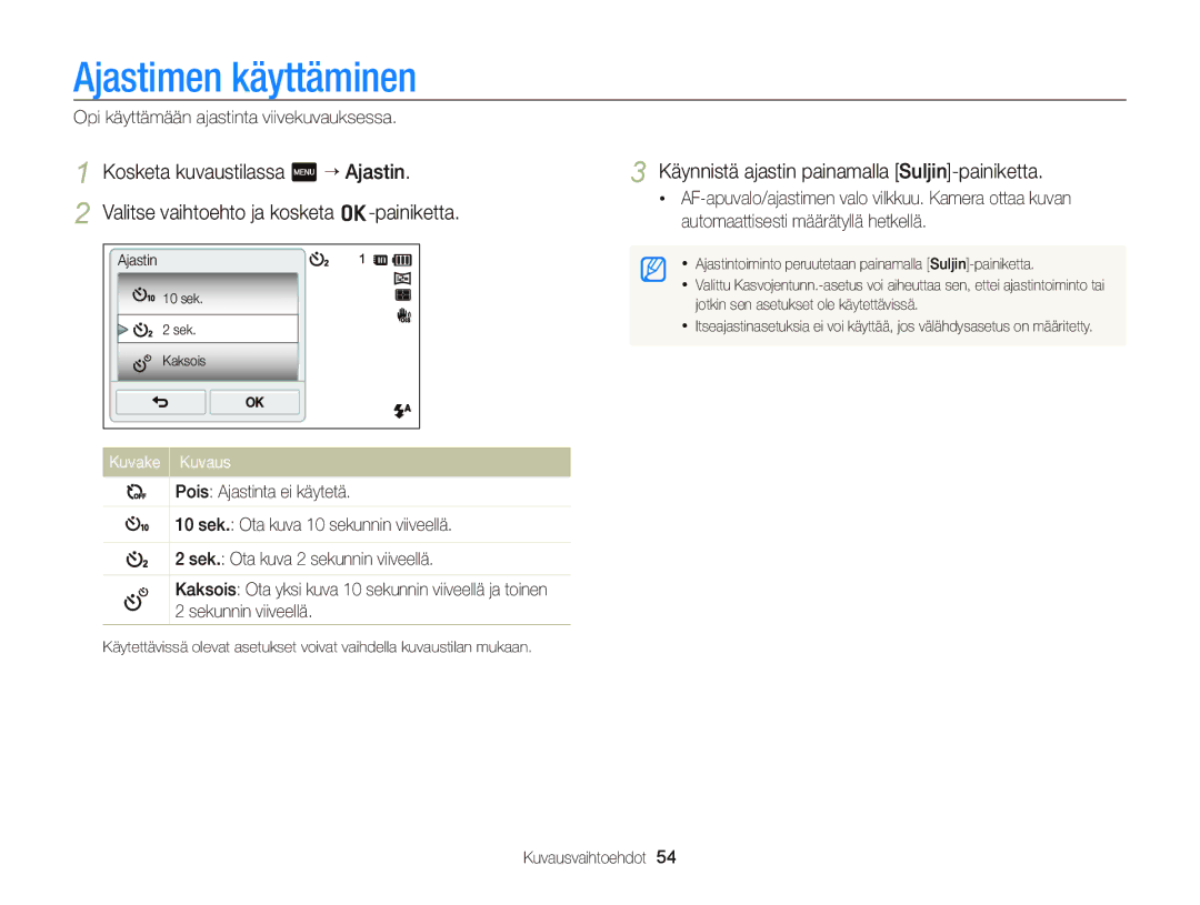 Samsung EC-ST65ZZBPEE2, EC-ST65ZZBPRE2 manual Ajastimen käyttäminen, Käynnistä ajastin painamalla Suljin-painiketta 