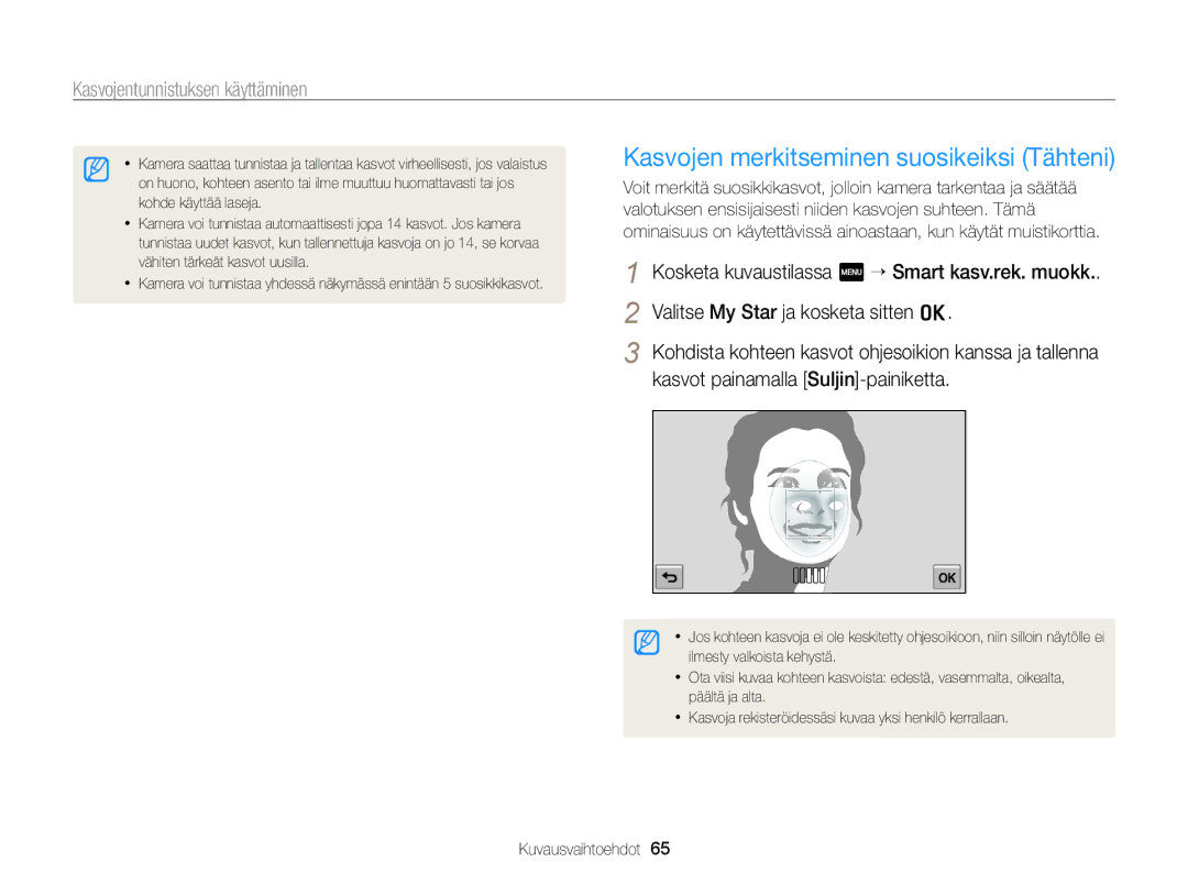 Samsung EC-ST65ZZBPUE2, EC-ST65ZZBPRE2, EC-ST65ZZBPSE2, EC-ST65ZZBPEE2 manual Kasvojen merkitseminen suosikeiksi Tähteni 