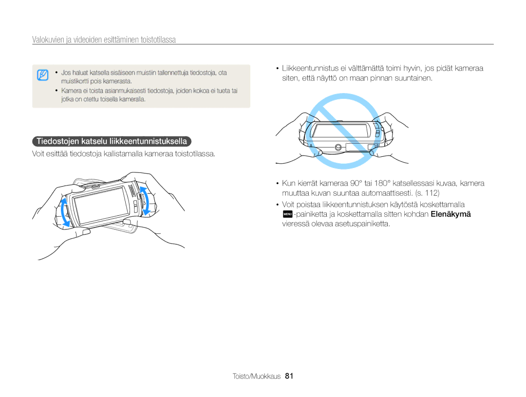 Samsung EC-ST65ZZBPUE2 manual Valokuvien ja videoiden esittäminen toistotilassa, Tiedostojen katselu liikkeentunnistuksella 