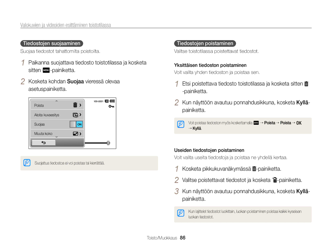 Samsung EC-ST65ZZBPEE2 manual Kosketa pikkukuvanäkymässä -painiketta, Tiedostojen suojaaminen, Tiedostojen poistaminen 