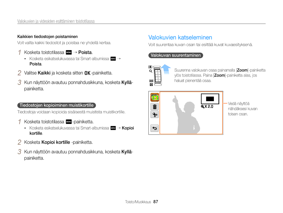 Samsung EC-ST65ZZBPRE2 manual Valokuvien katseleminen, Kosketa toistotilassa m “ Poista, Kosketa toistotilassa m-painiketta 