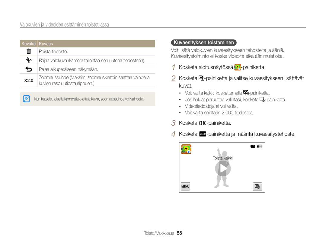 Samsung EC-ST65ZZBPSE2 manual Kuvat, Kuvaesityksen toistaminen, Kosketa -painiketta ja valitse kuvaesitykseen lisättävät 