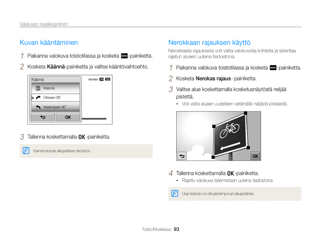 Samsung EC-ST65ZZBPUE2, EC-ST65ZZBPRE2 manual Kuvan kääntäminen, Nerokkaan rajauksen käyttö, Valokuvan muokkaaminen 