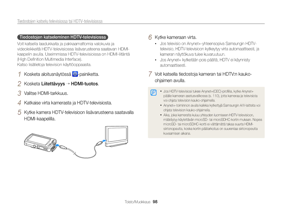 Samsung EC-ST65ZZBPEE2, EC-ST65ZZBPRE2, EC-ST65ZZBPSE2 manual Tiedostojen katselu televisiossa tai HDTV-televisiossa 