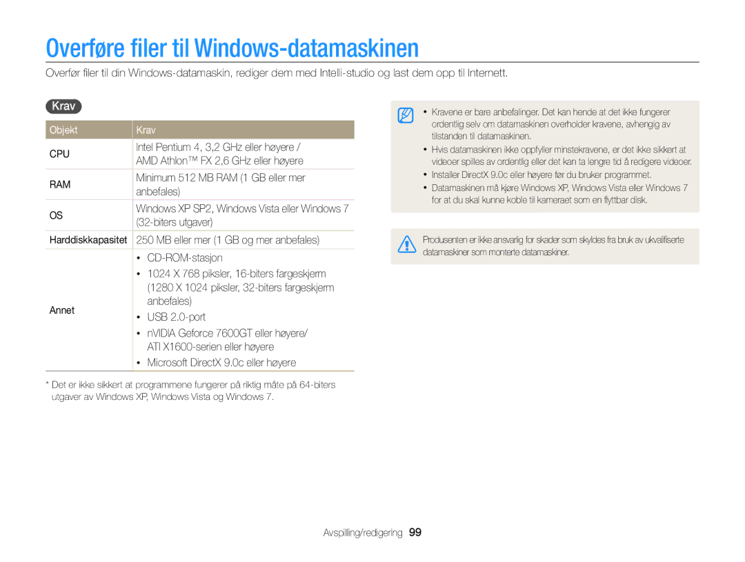 Samsung EC-ST65ZZBPRE2, EC-ST65ZZBPSE2, EC-ST65ZZBPUE2 manual Overføre ﬁler til Windows-datamaskinen, Objekt Krav 