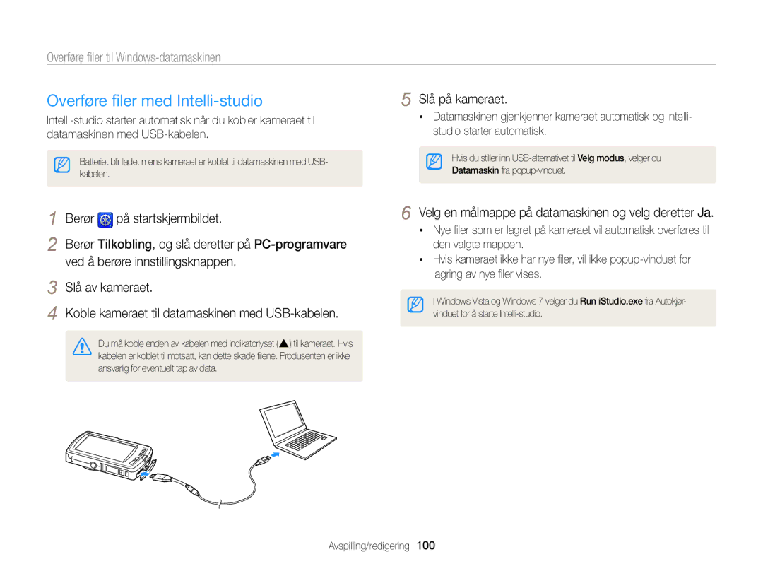 Samsung EC-ST65ZZBPSE2 manual Overføre ﬁler med Intelli-studio, Overføre ﬁler til Windows-datamaskinen, Slå av kameraet 